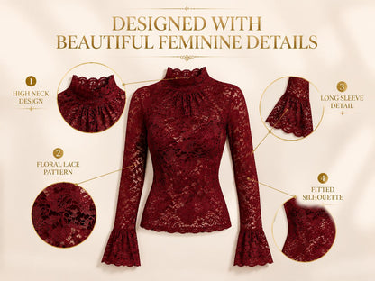 Elegant Floral Lace Long Sleeve Top | High Neck Sheer Layering Shirt