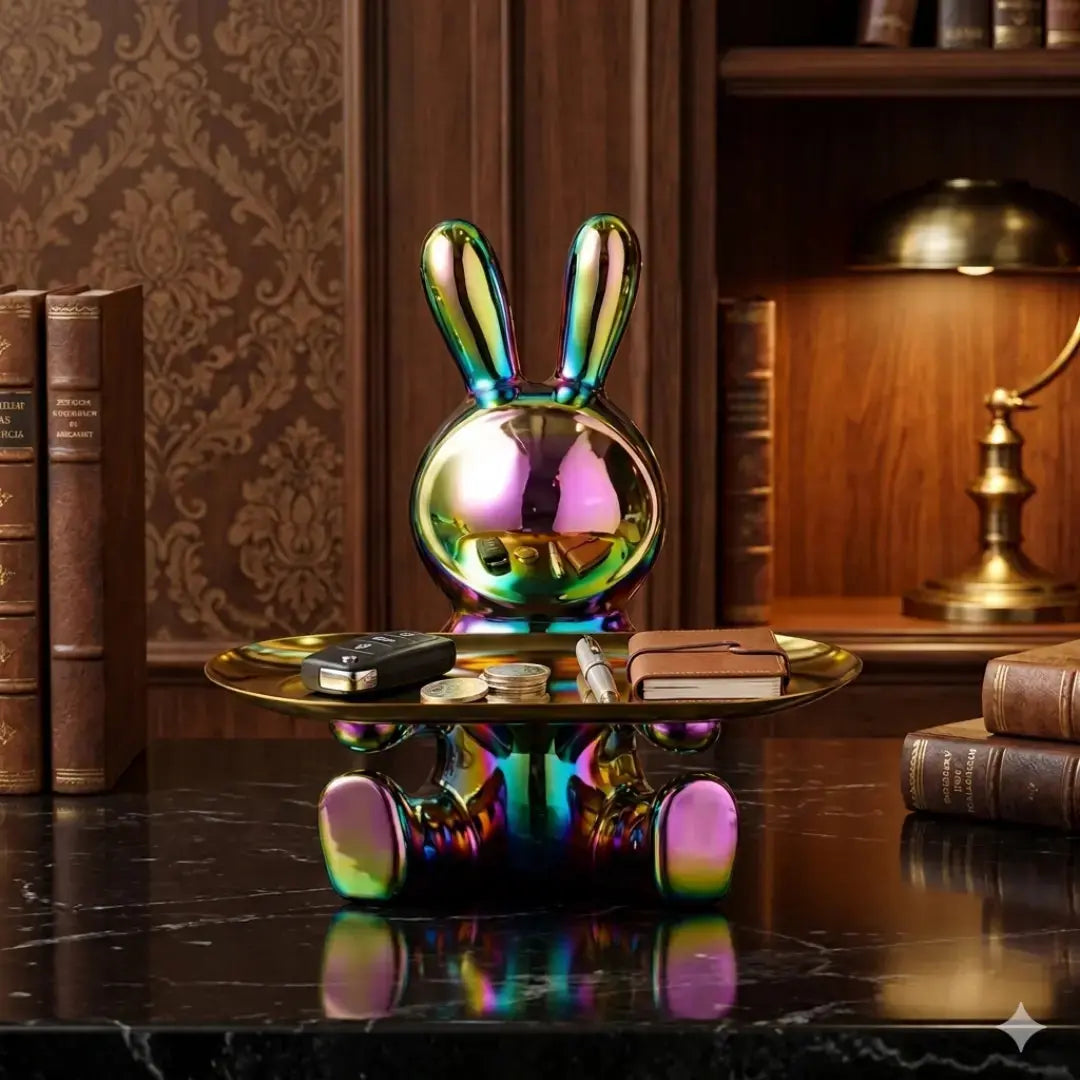 Decorative Rabbit Figurine Statue on Ornate Tray — Luxury Bunny Sculpture for Home Décor Jumartins