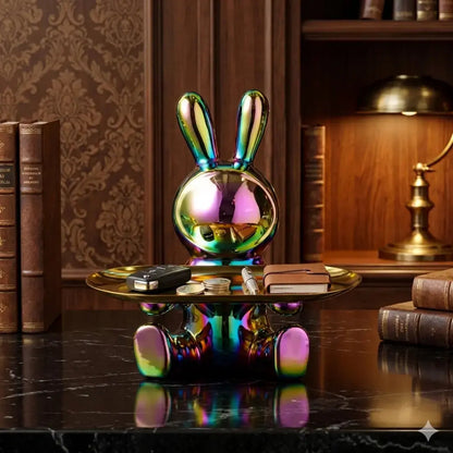 Decorative Rabbit Figurine Statue on Ornate Tray — Luxury Bunny Sculpture for Home Décor Jumartins