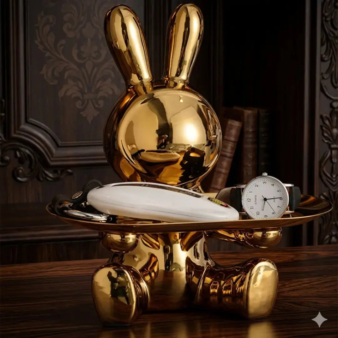 Decorative Rabbit Figurine Statue on Ornate Tray — Luxury Bunny Sculpture for Home Décor Jumartins