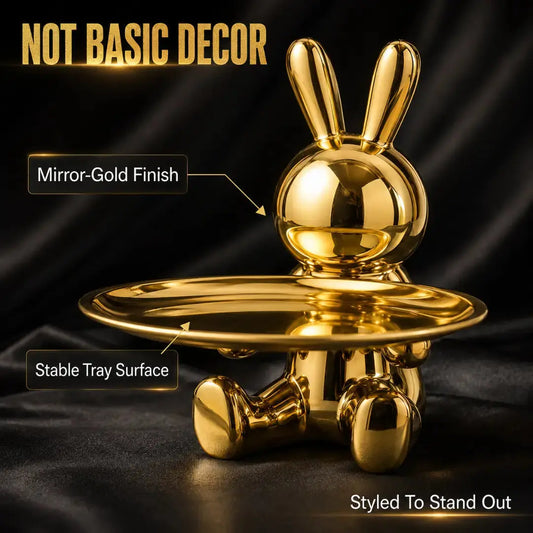 Decorative Rabbit Figurine Statue on Ornate Tray — Luxury Bunny Sculpture for Home Décor Jumartins