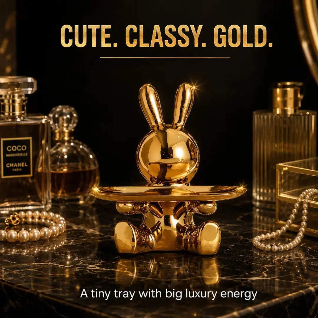 Decorative Rabbit Figurine Statue on Ornate Tray — Luxury Bunny Sculpture for Home Décor Jumartins