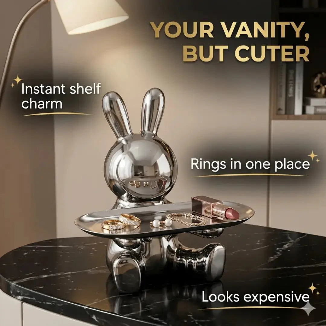 Decorative Rabbit Figurine Statue on Ornate Tray — Luxury Bunny Sculpture for Home Décor Jumartins