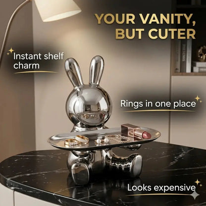 Decorative Rabbit Figurine Statue on Ornate Tray — Luxury Bunny Sculpture for Home Décor Jumartins