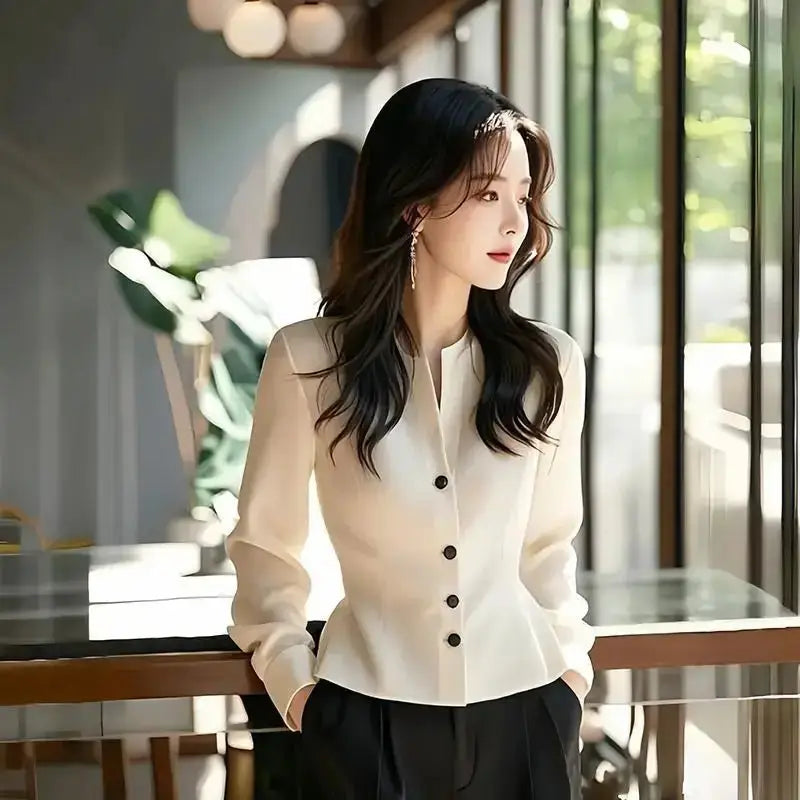 White Temperament Short Shirt Top Long Sleeve Solid Button Elegant Blouse Spring Autumn New Elegant Fashion Women's Clothing JuChachaShop