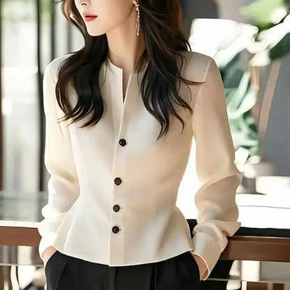 White Temperament Short Shirt Top Long Sleeve Solid Button Elegant Blouse Spring Autumn New Elegant Fashion Women's Clothing JuChachaShop
