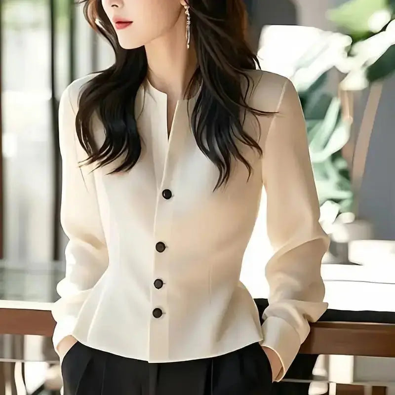 White Temperament Short Shirt Top Long Sleeve Solid Button Elegant Blouse Spring Autumn New Elegant Fashion Women's Clothing JuChachaShop