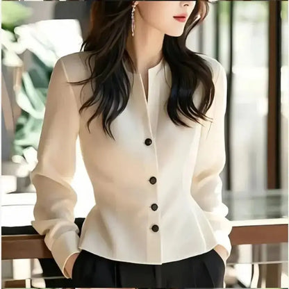 White Temperament Short Shirt Top Long Sleeve Solid Button Elegant Blouse Spring Autumn New Elegant Fashion Women's Clothing JuChachaShop