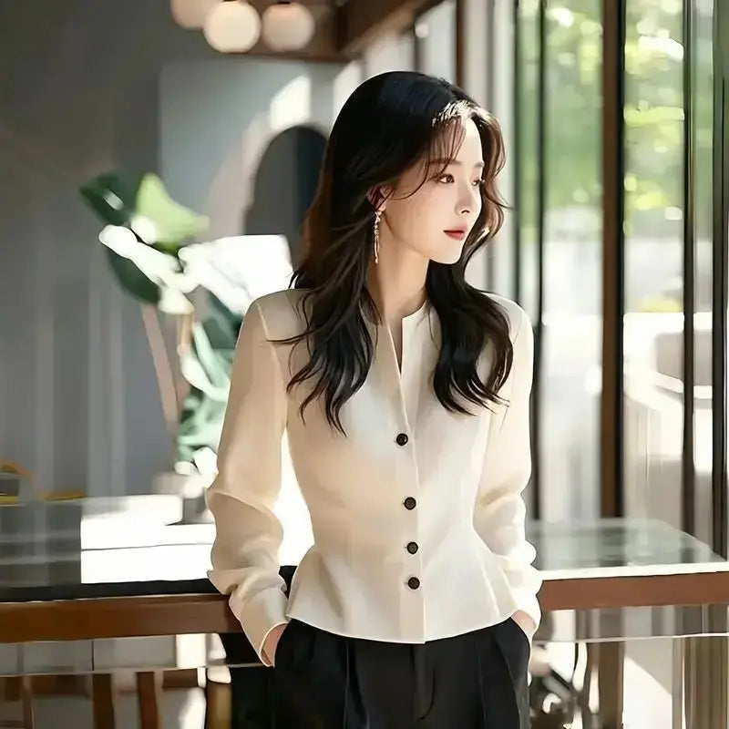 White Temperament Short Shirt Top Long Sleeve Solid Button Elegant Blouse Spring Autumn New Elegant Fashion Women's Clothing JuChachaShop