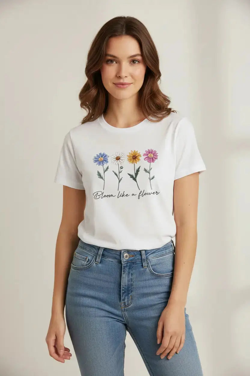 Modelo feminina camiseta branca Bloom Like a Flower estúdio