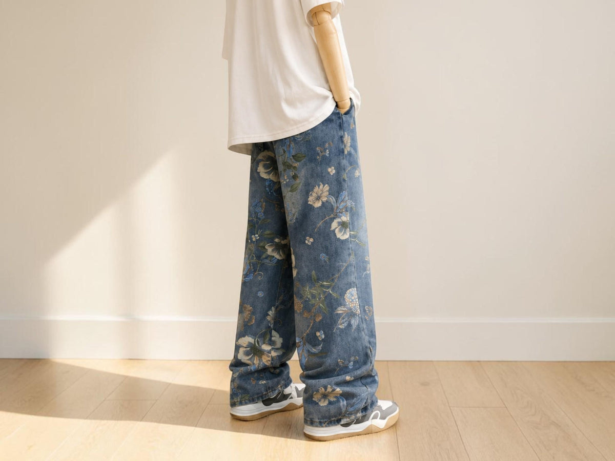 Floral Wide Leg Baggy Jeans | Relaxed Denim Streetwear Pants