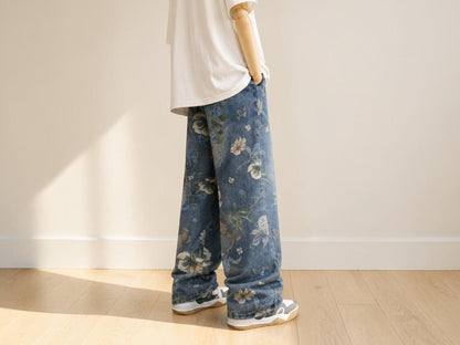 Floral Wide Leg Baggy Jeans | Relaxed Denim Streetwear Pants