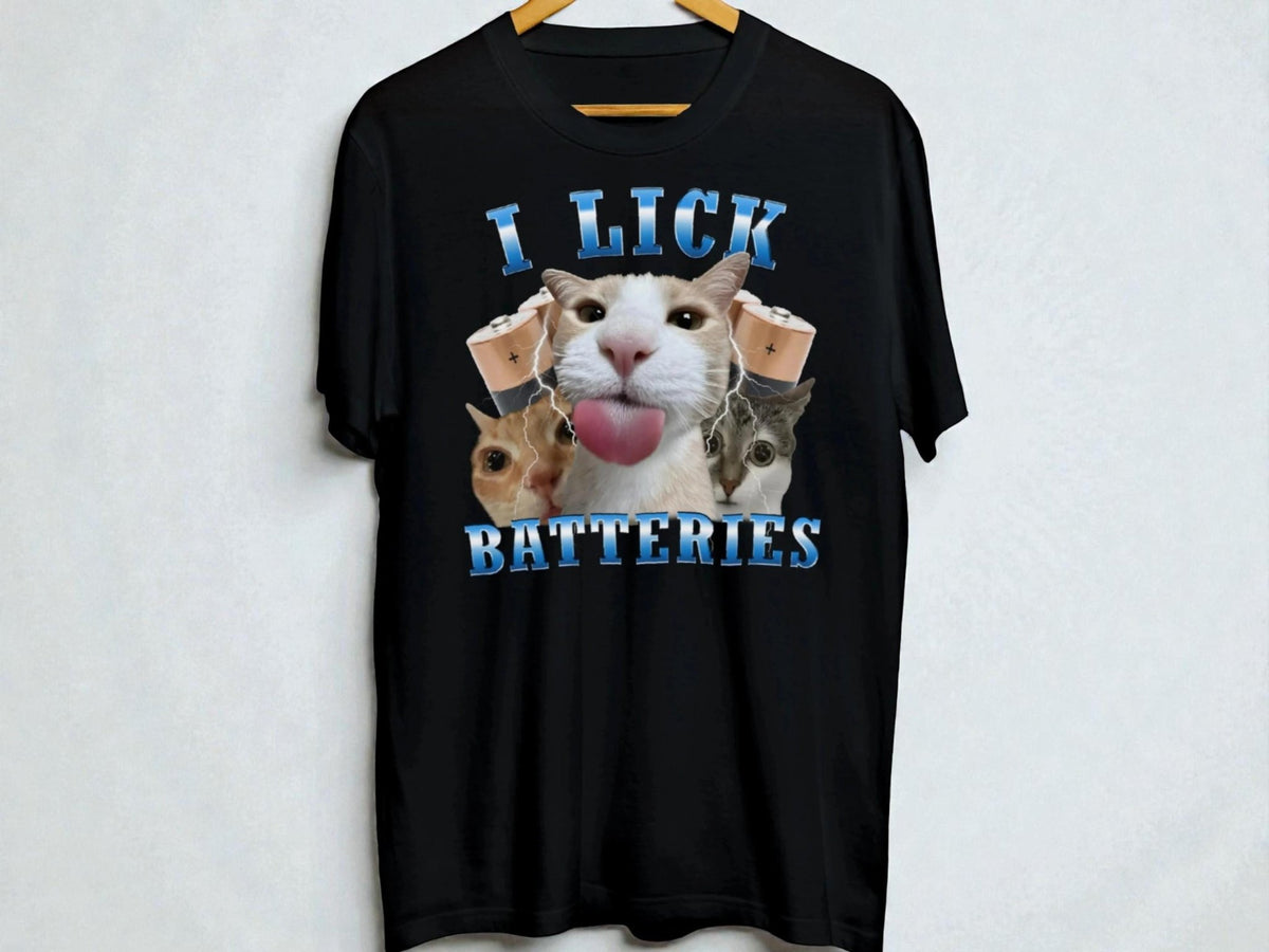 Funny Cat Graphic Tee | I Lick Batteries, Humor T-Shirt