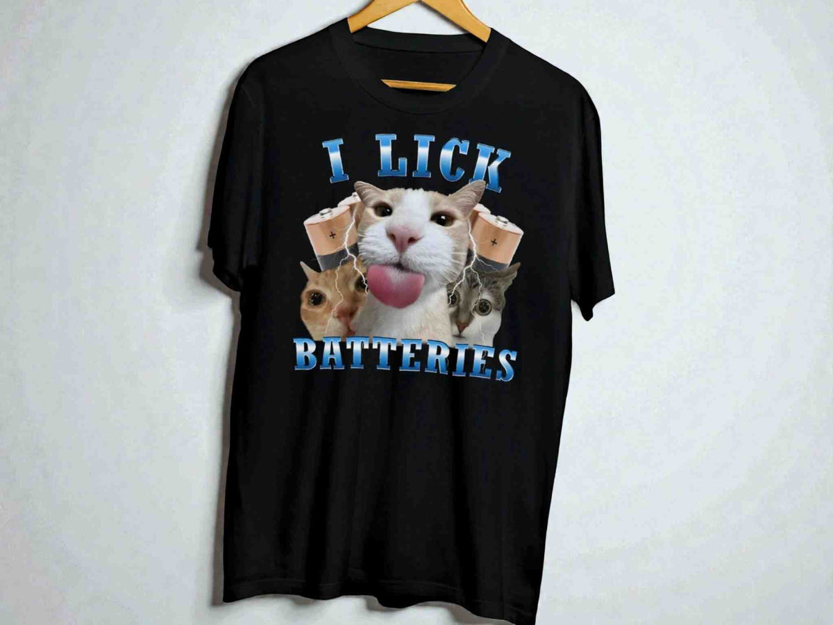 Funny Cat Graphic Tee | I Lick Batteries, Humor T-Shirt