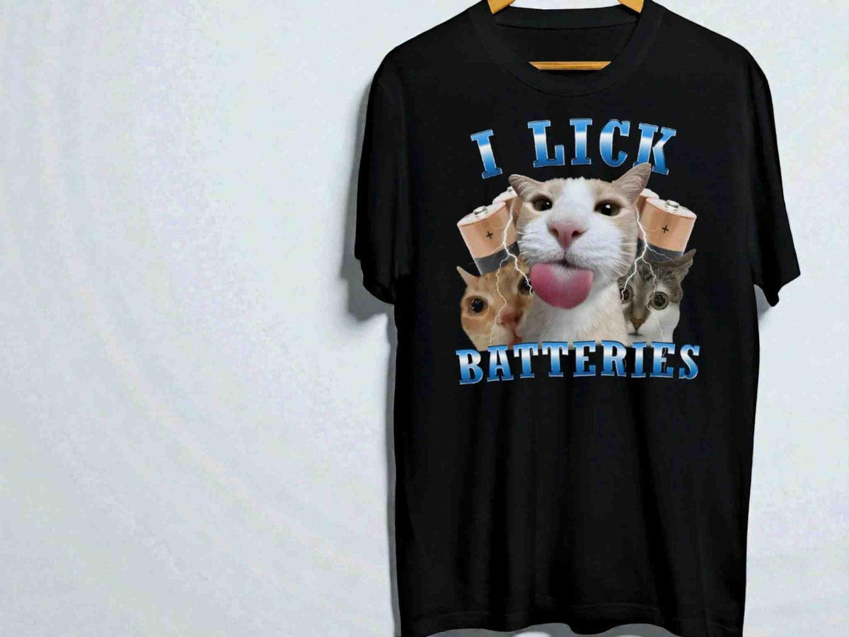 Funny Cat Graphic Tee | I Lick Batteries, Humor T-Shirt