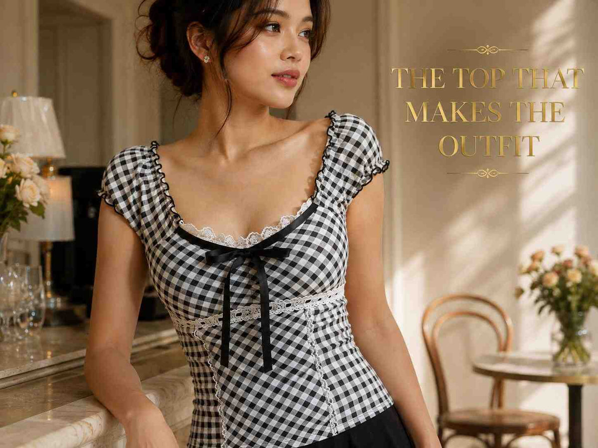 Gingham Square Neck Top with Lace Trim and Bow Detail – Coquette Cottage Style Shirt