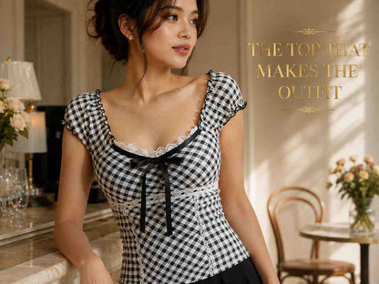Gingham Square Neck Top with Lace Trim and Bow Detail – Coquette Cottage Style Shirt