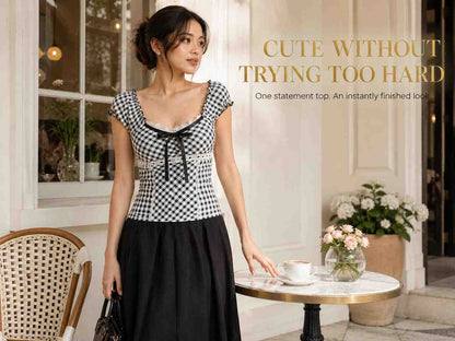 Gingham Square Neck Top with Lace Trim and Bow Detail – Coquette Cottage Style Shirt