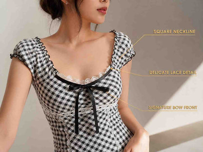 Gingham Square Neck Top with Lace Trim and Bow Detail – Coquette Cottage Style Shirt