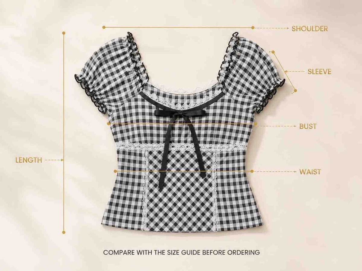 Gingham Square Neck Top with Lace Trim and Bow Detail – Coquette Cottage Style Shirt