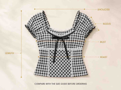 Gingham Square Neck Top with Lace Trim and Bow Detail – Coquette Cottage Style Shirt