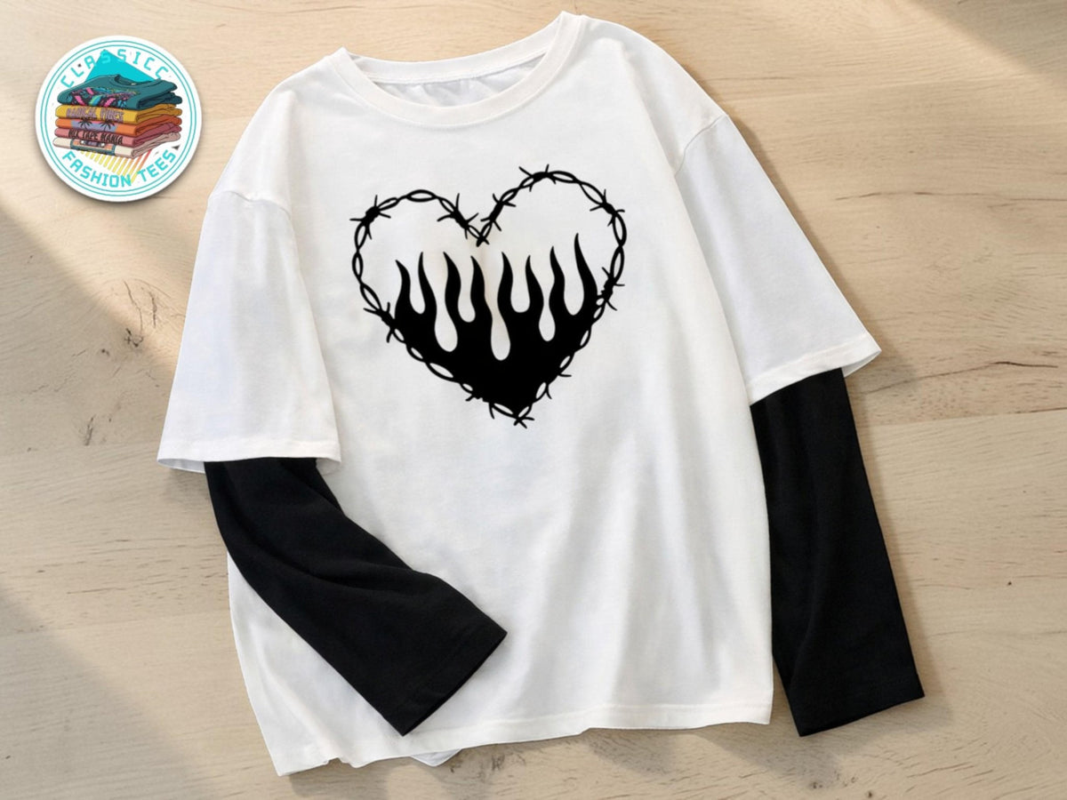 Graphic Heart T-Shirt | Gothic Long Sleeve Streetwear Tee