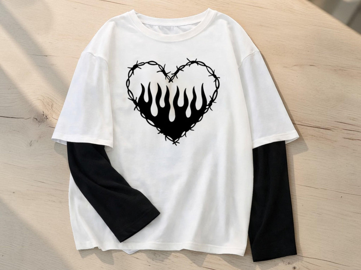 Graphic Heart T-Shirt | Gothic Long Sleeve Streetwear Tee