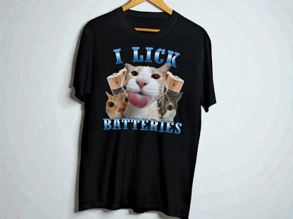 Funny Cat Graphic Tee | I Lick Batteries, Humor T-Shirt