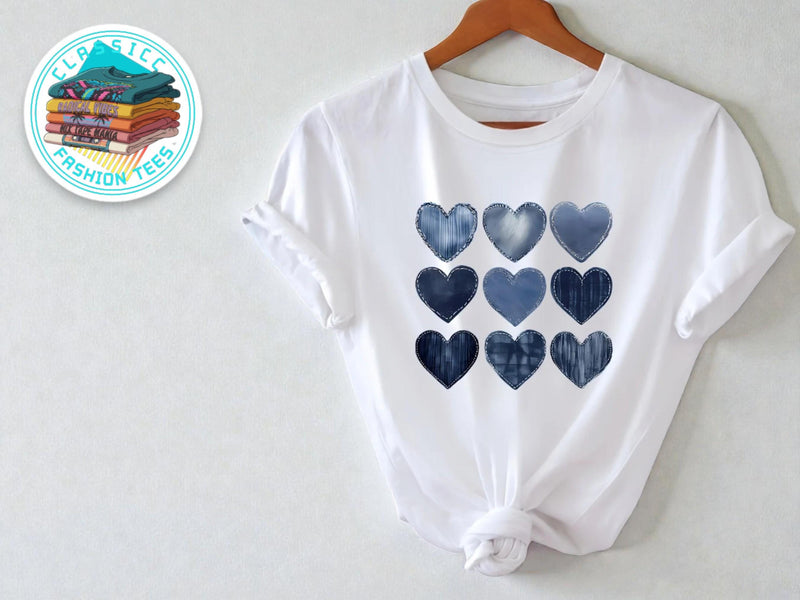 Denim Heart Print Tee | Women's Romantic Graphic Top JuChachaShop