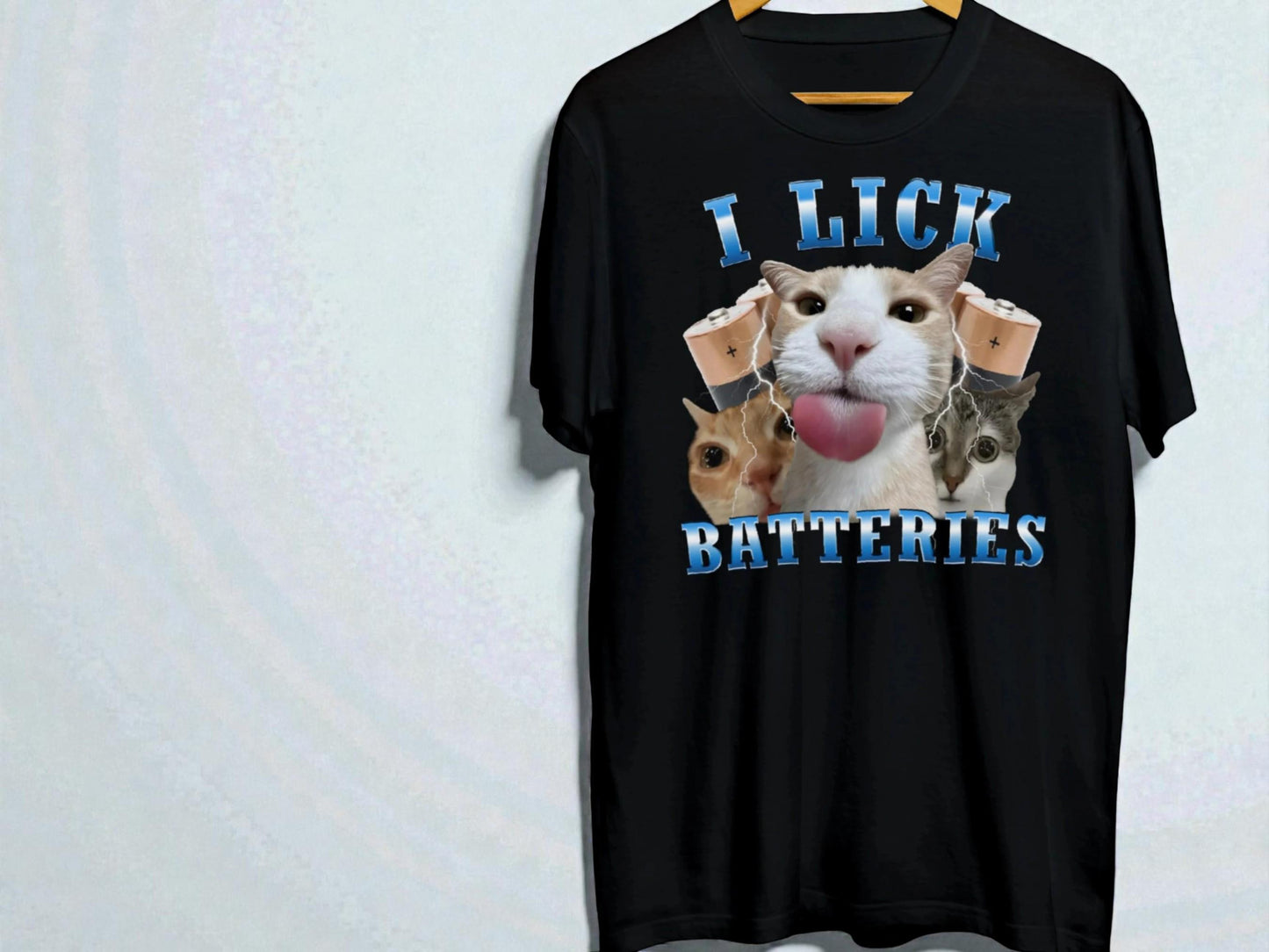Funny Cat Graphic Tee | I Lick Batteries, Humor T-Shirt