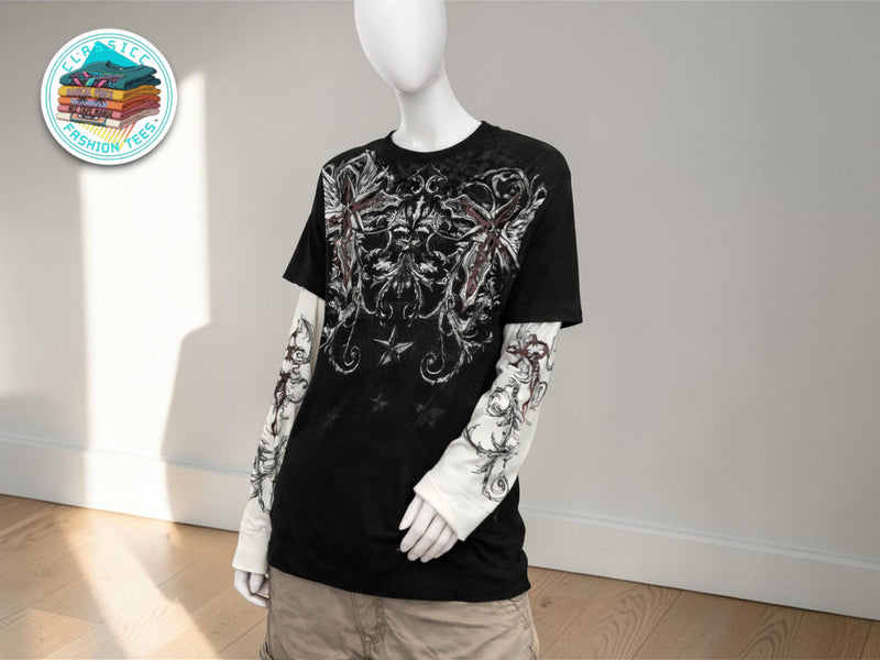 Gothic Layered Long Sleeve T-Shirt | Edgy Graphic Print Tee, Alt Grunge Outfit JuChachaShop