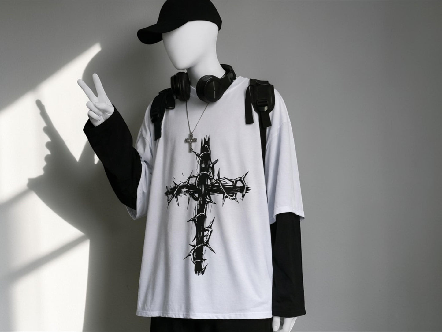 Gothic Thorn Cross T Shirt | Oversized Punk Streetwear Long Sleeve Tee