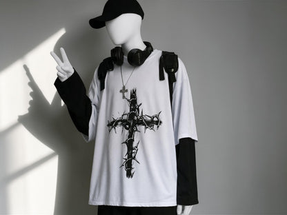 Gothic Thorn Cross T Shirt | Oversized Punk Streetwear Long Sleeve Tee