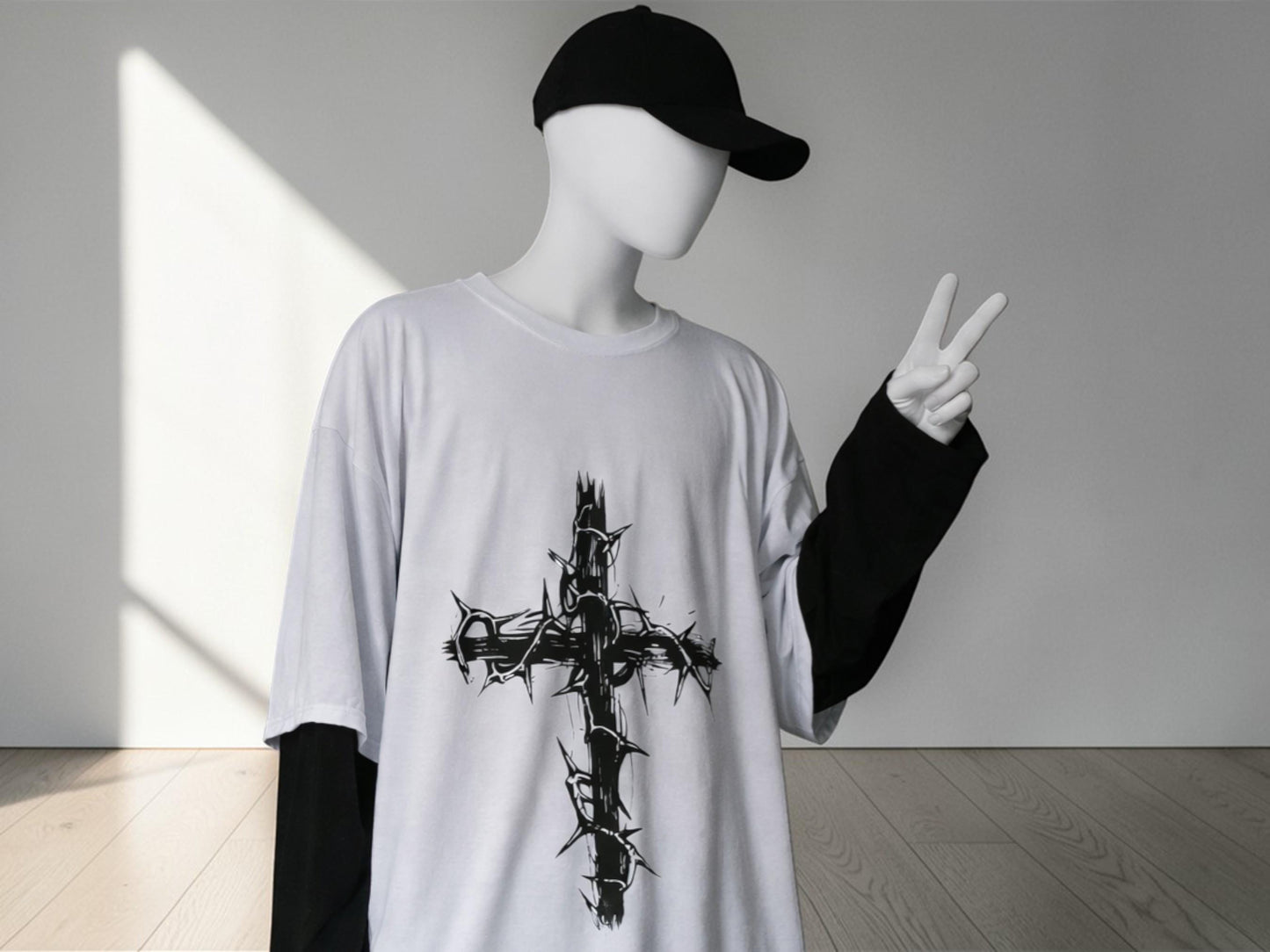 Gothic Thorn Cross T Shirt | Oversized Punk Streetwear Long Sleeve Tee