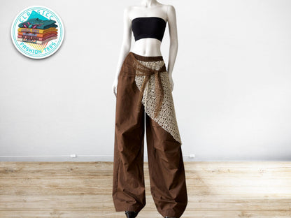 Women Wide Leg Pants | Lace Patchwork Wrap Design, High Waist Loose Fit, Retro Streetwear