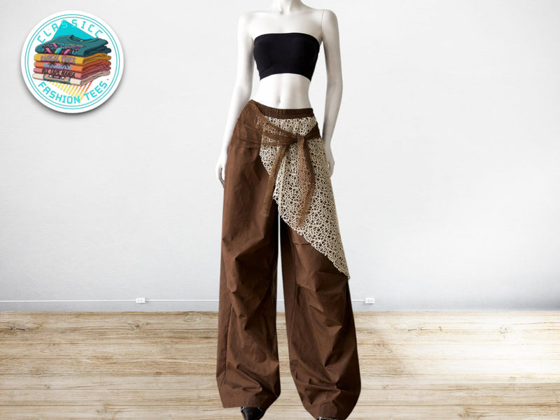 Women Wide Leg Pants | Lace Patchwork Wrap Design, High Waist Loose Fit, Retro Streetwear JuChachaShop