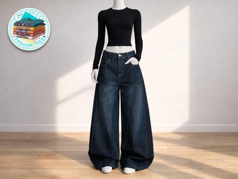 Women's Dark Wash Wide Leg Jeans | High Waist Baggy Denim Street Style Pants JuChachaShop
