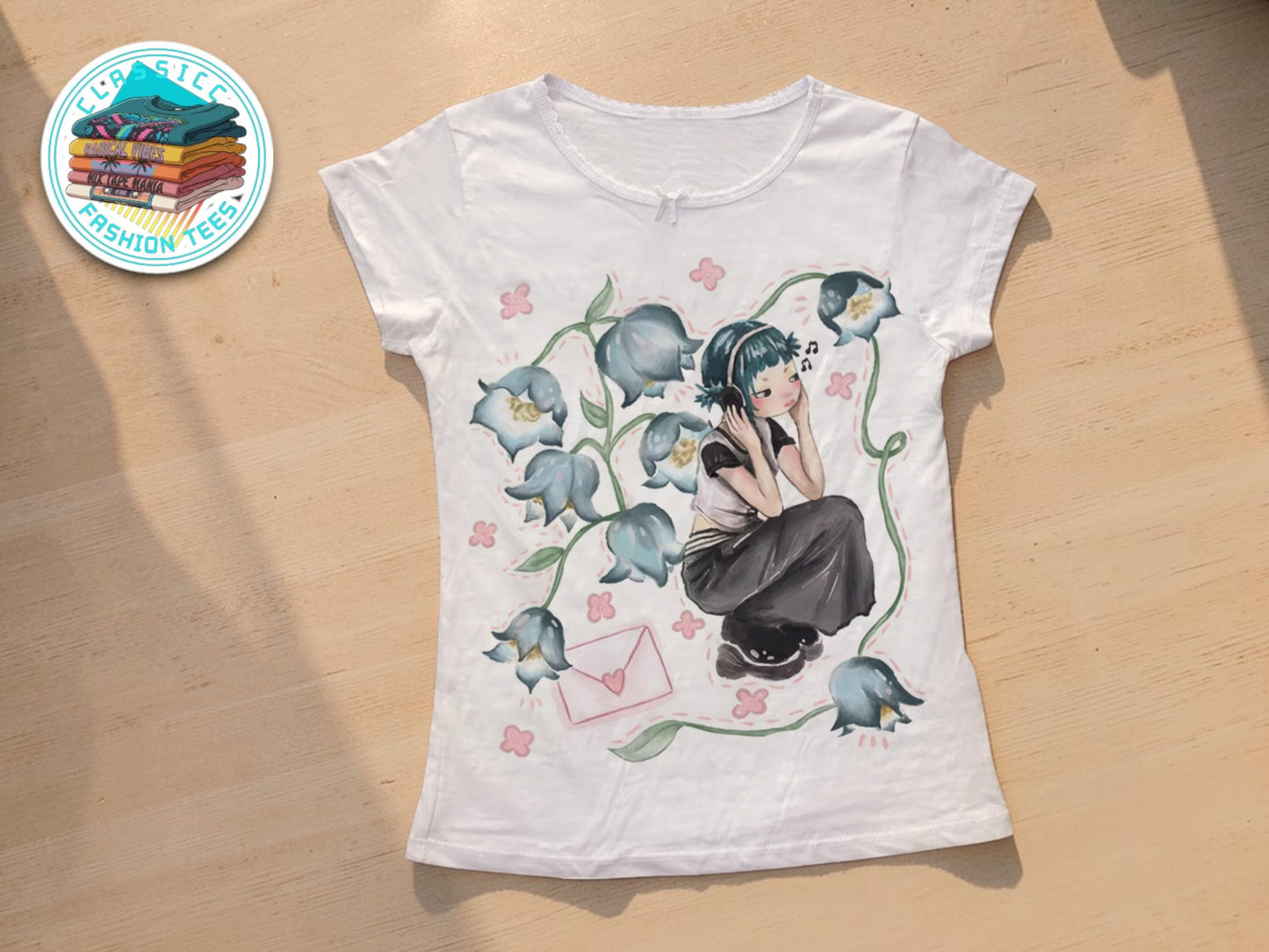 Women Graphic Tee | Emo Girl Floral Artwork, Soft Breathable Shirt
