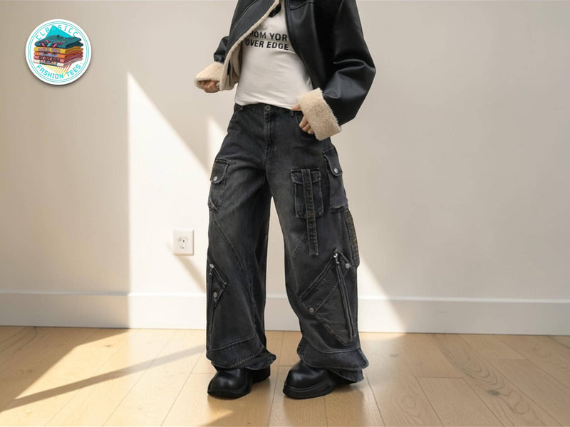 Black Cotton Denim Cargo Jeans | Wide Leg Loose Fit Streetwear Pants JuChachaShop