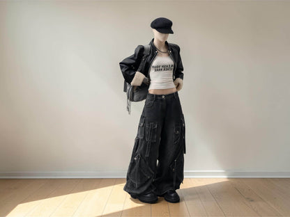 Black Cotton Denim Cargo Jeans | Wide Leg Loose Fit Streetwear Pants