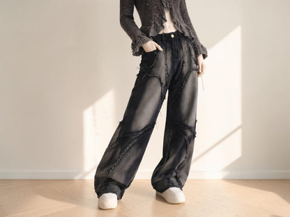 Women's Patchwork Wide Leg Jeans | High Waist Washed Denim Streetwear Baggy Pants