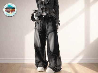 Women's Patchwork Wide Leg Jeans | High Waist Washed Denim Streetwear Baggy Pants