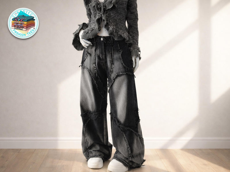 Women's Patchwork Wide Leg Jeans | High Waist Washed Denim Streetwear Baggy Pants JuChachaShop