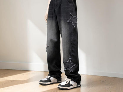Baggy Star Patch Jeans | Washed Denim Wide Leg Streetwear Pants