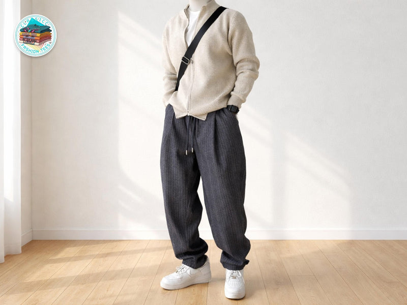 Men's Pinstripe Loose Fit Pants | Elastic Drawstring Trousers | Streetwear Style JuChachaShop