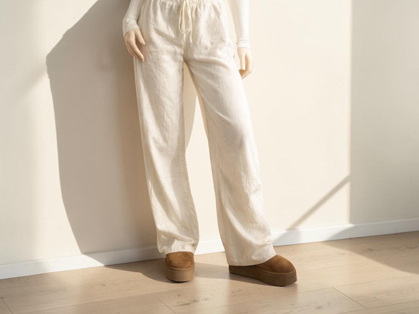 Linen Wide Leg Pants | Elastic Drawstring Waist, Loose Fit Trousers