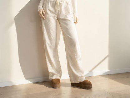 Linen Wide Leg Pants | Elastic Drawstring Waist, Loose Fit Trousers