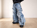 Baggy Cargo Jeans | Washed Denim Ripped Wide Leg Pants | Buckle Strap Pockets JuChachaShop