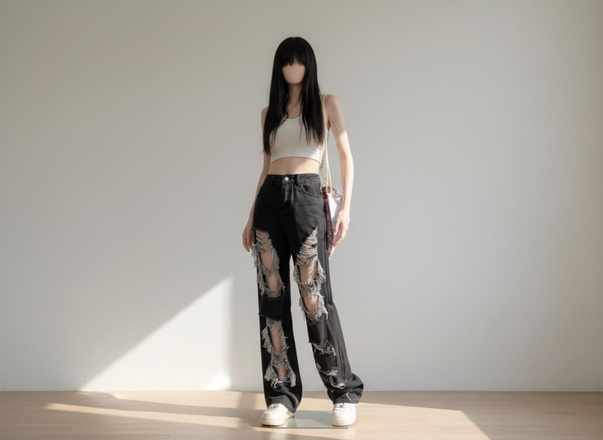 Women's Ripped Wide Leg Jeans | High Waist Black Denim, Loose Fit, Grunge Style
