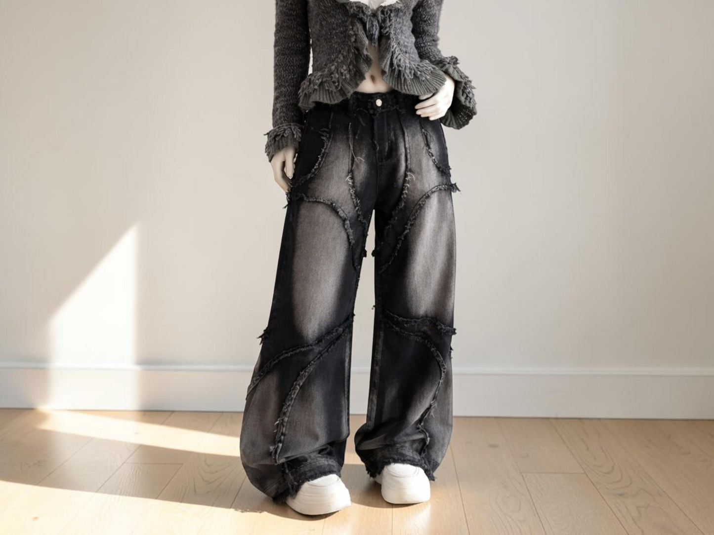 Women's Patchwork Wide Leg Jeans | High Waist Washed Denim Streetwear Baggy Pants